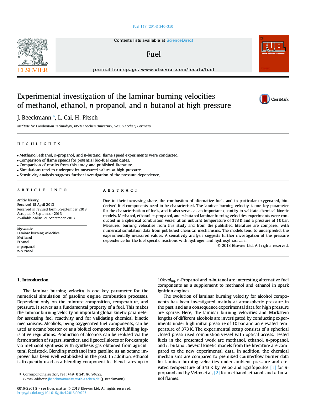 Experimental investigation of the laminar burning velocities of methanol, ethanol, n-propanol, and n-butanol at high pressure