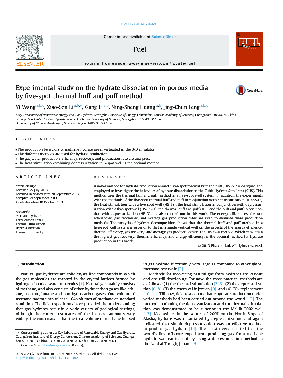 Experimental study on the hydrate dissociation in porous media by five-spot thermal huff and puff method