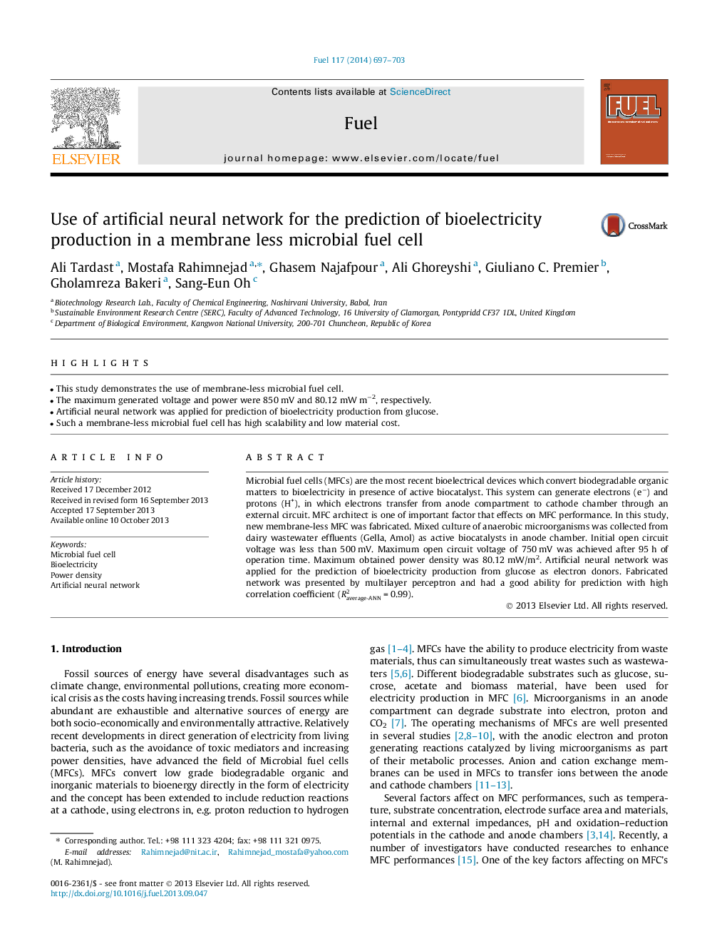 Use of artificial neural network for the prediction of bioelectricity production in a membrane less microbial fuel cell