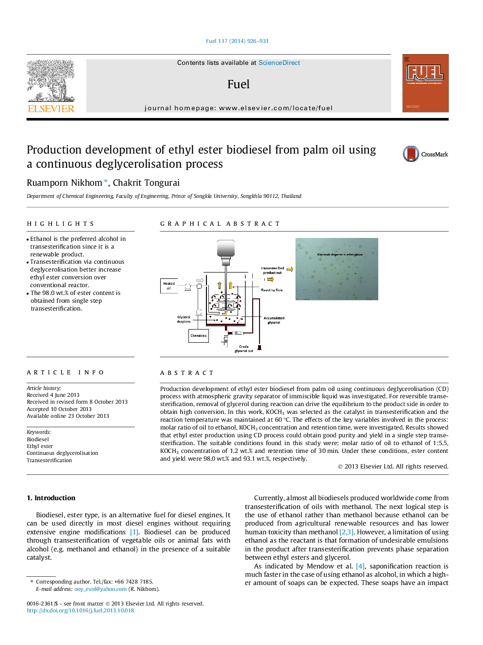 Production development of ethyl ester biodiesel from palm oil using a continuous deglycerolisation process