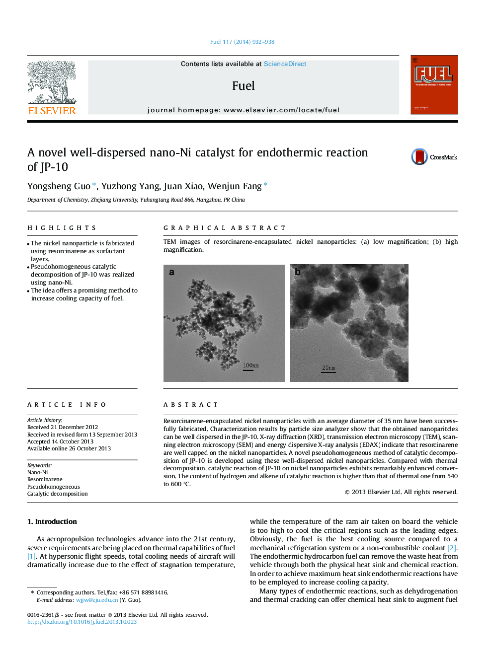 A novel well-dispersed nano-Ni catalyst for endothermic reaction of JP-10