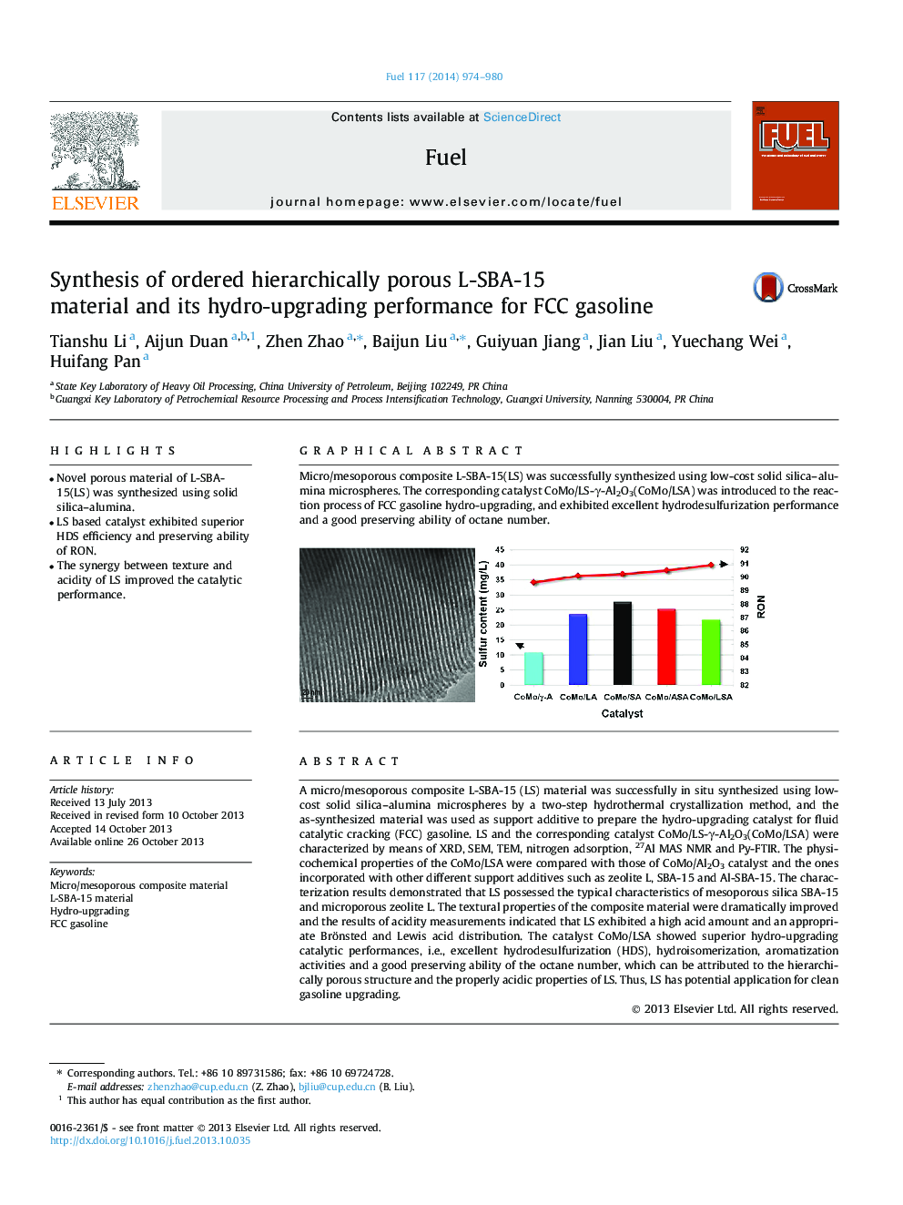 Synthesis of ordered hierarchically porous L-SBA-15 material and its hydro-upgrading performance for FCC gasoline