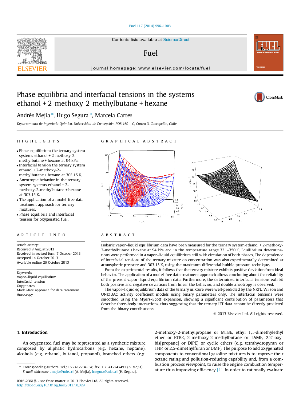 Phase equilibria and interfacial tensions in the systems ethanolÂ +Â 2-methoxy-2-methylbutaneÂ +Â hexane