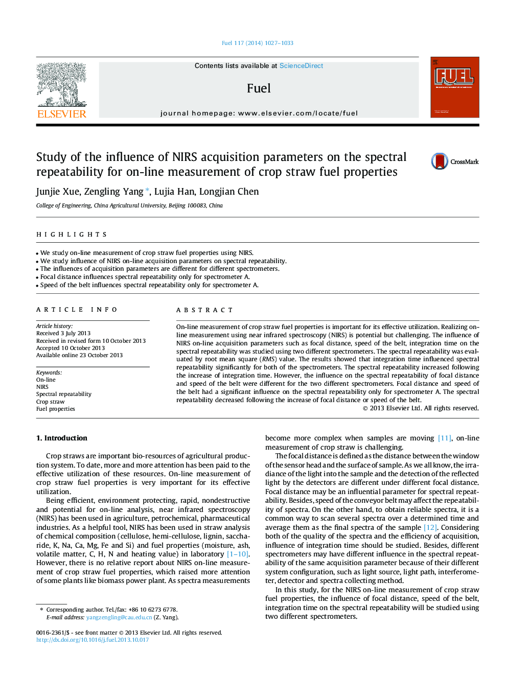 Study of the influence of NIRS acquisition parameters on the spectral repeatability for on-line measurement of crop straw fuel properties