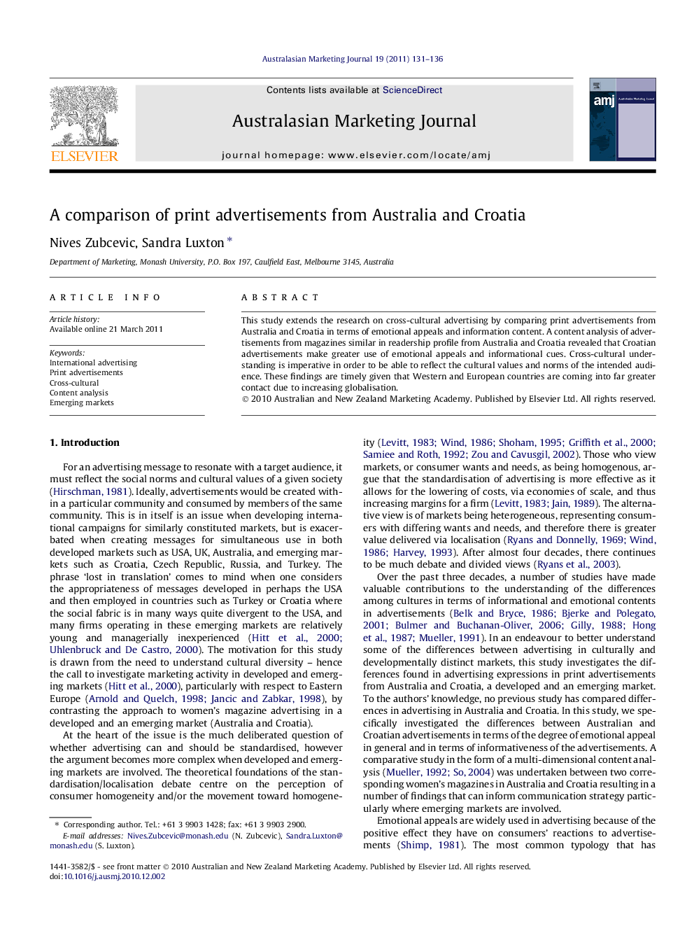 A comparison of print advertisements from Australia and Croatia