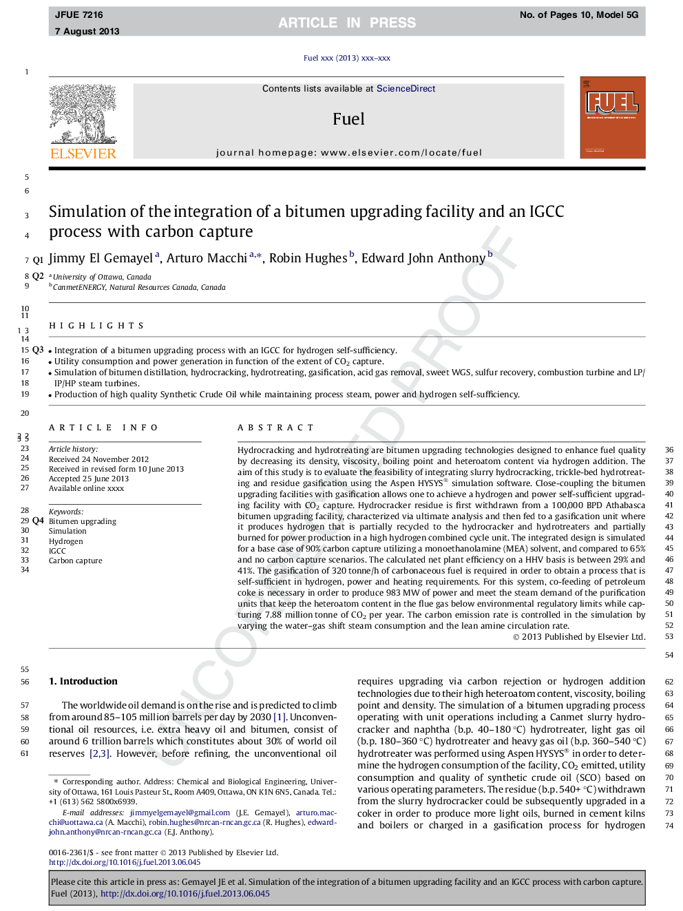 Simulation of the integration of a bitumen upgrading facility and an IGCC process with carbon capture