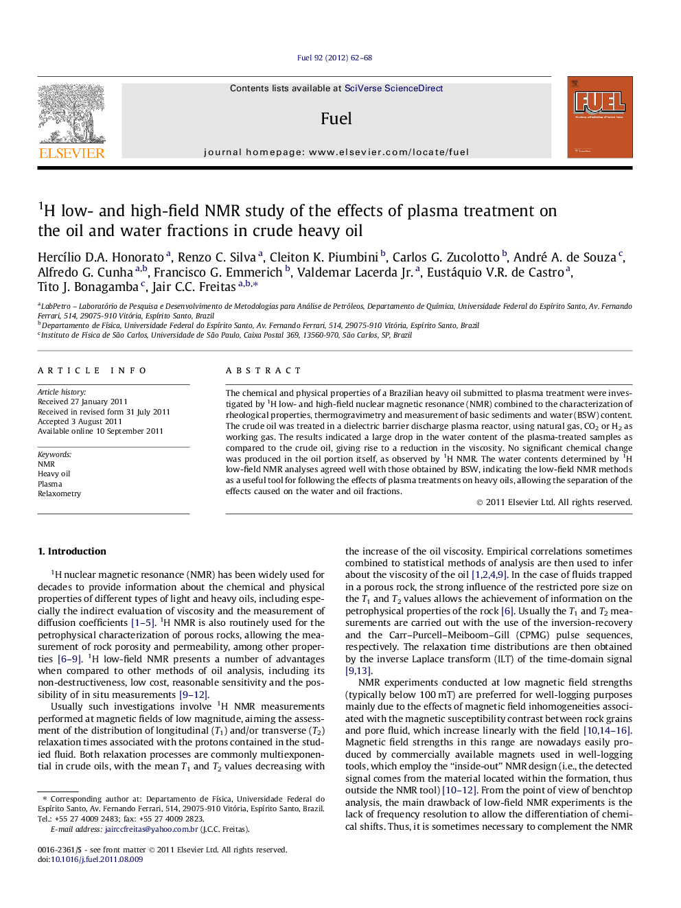 1H low- and high-field NMR study of the effects of plasma treatment on the oil and water fractions in crude heavy oil