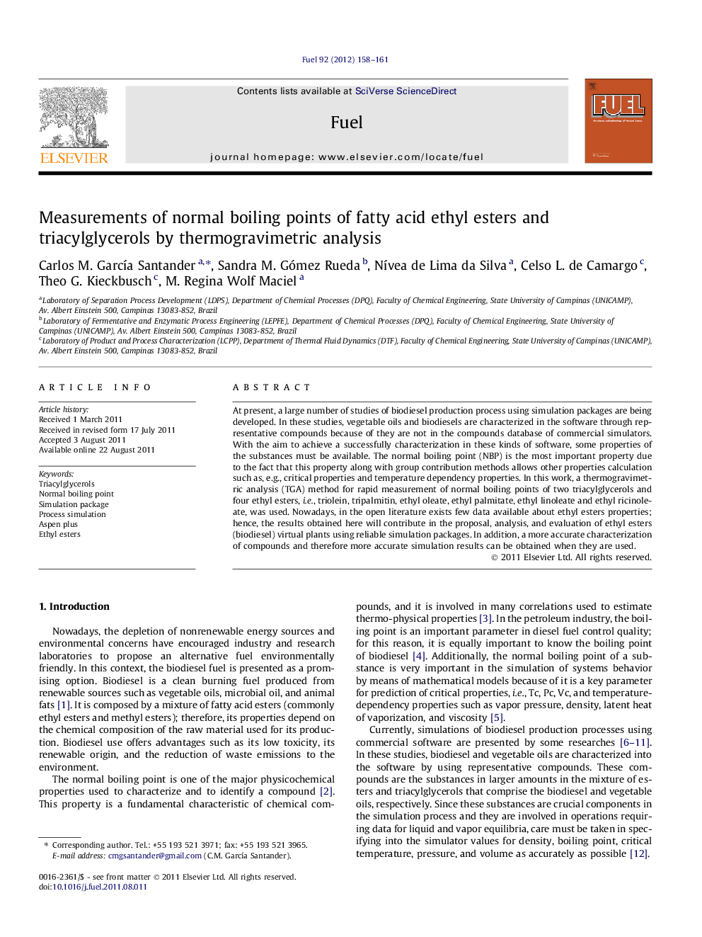 Measurements of normal boiling points of fatty acid ethyl esters and triacylglycerols by thermogravimetric analysis