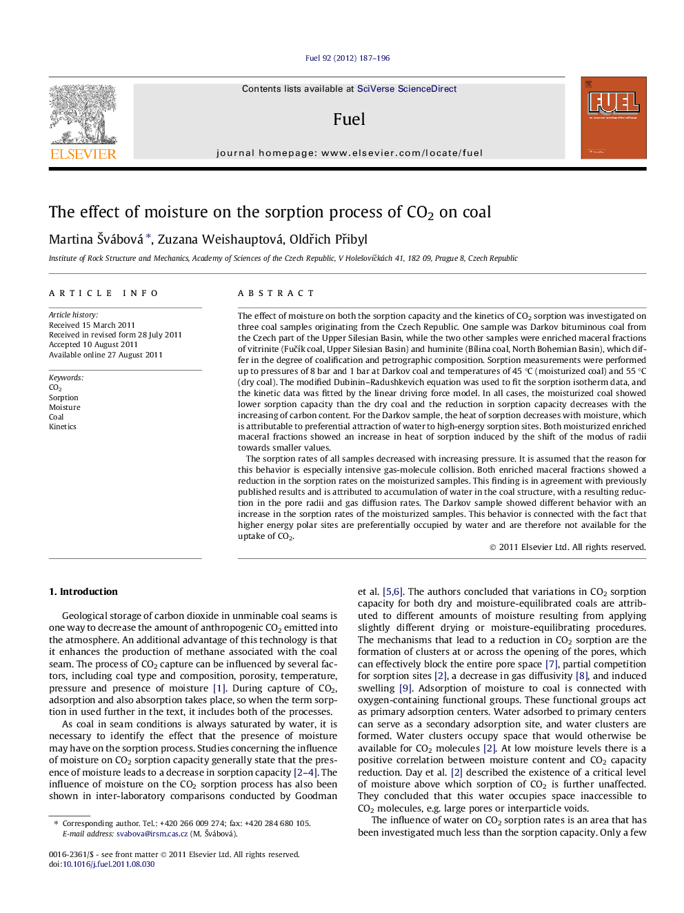 The effect of moisture on the sorption process of CO2 on coal