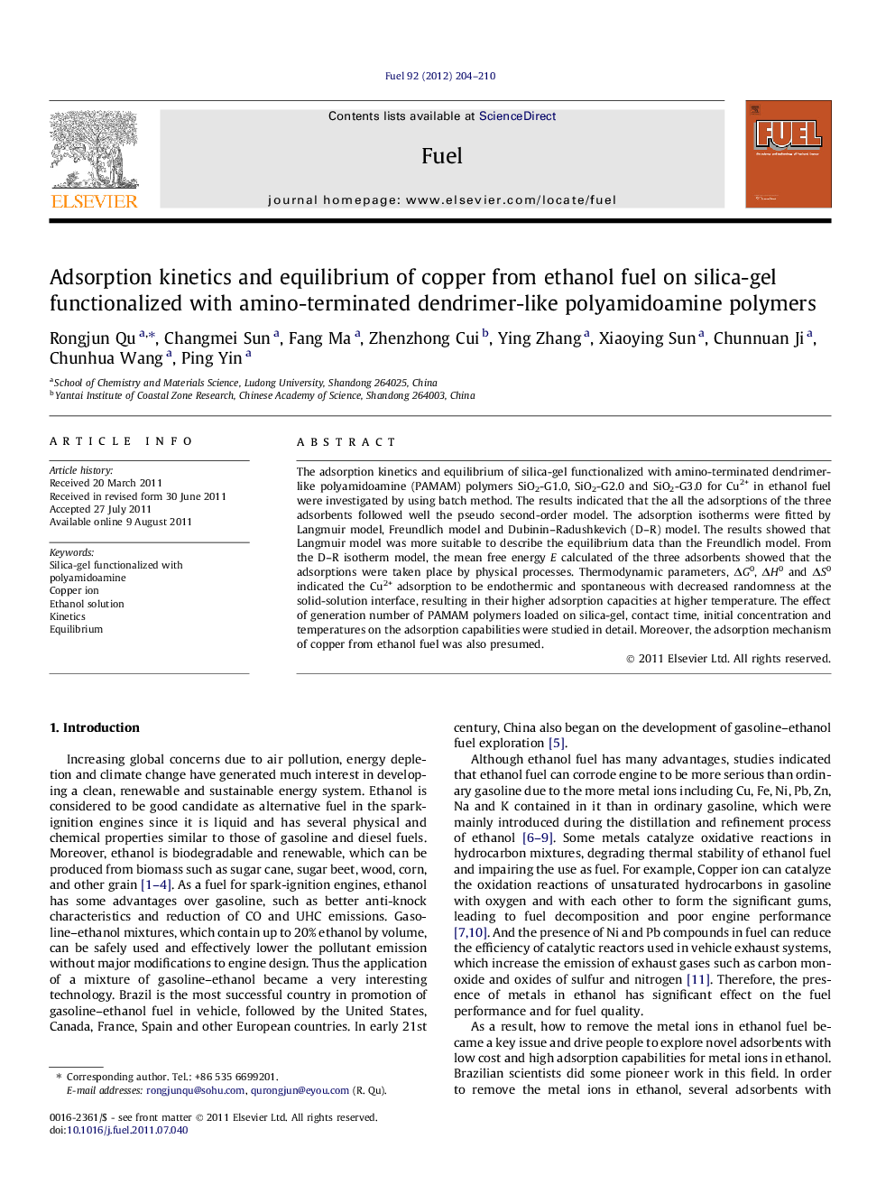 Adsorption kinetics and equilibrium of copper from ethanol fuel on silica-gel functionalized with amino-terminated dendrimer-like polyamidoamine polymers