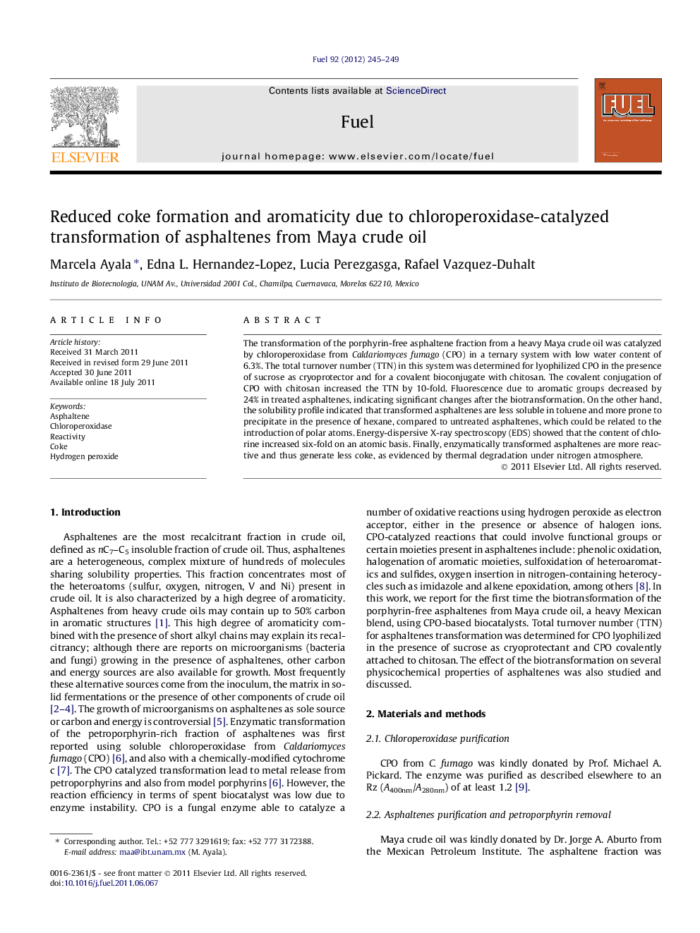 Reduced coke formation and aromaticity due to chloroperoxidase-catalyzed transformation of asphaltenes from Maya crude oil