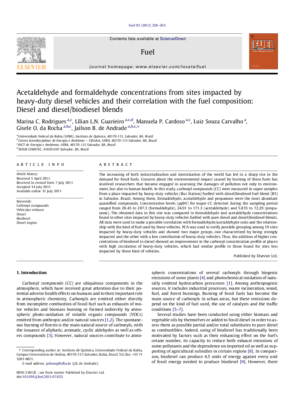 Acetaldehyde and formaldehyde concentrations from sites impacted by heavy-duty diesel vehicles and their correlation with the fuel composition: Diesel and diesel/biodiesel blends