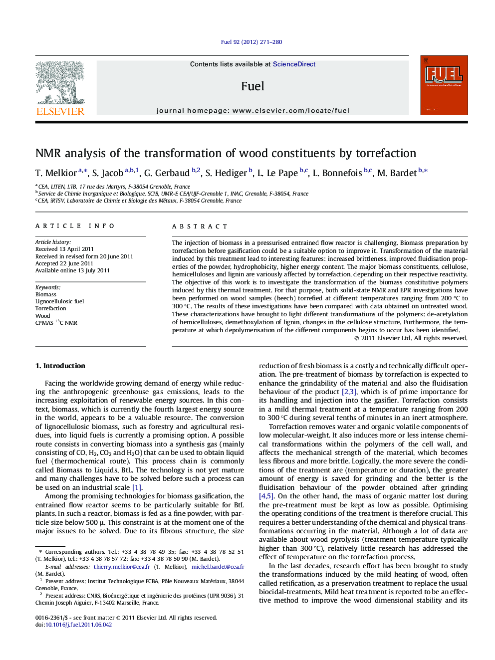 NMR analysis of the transformation of wood constituents by torrefaction