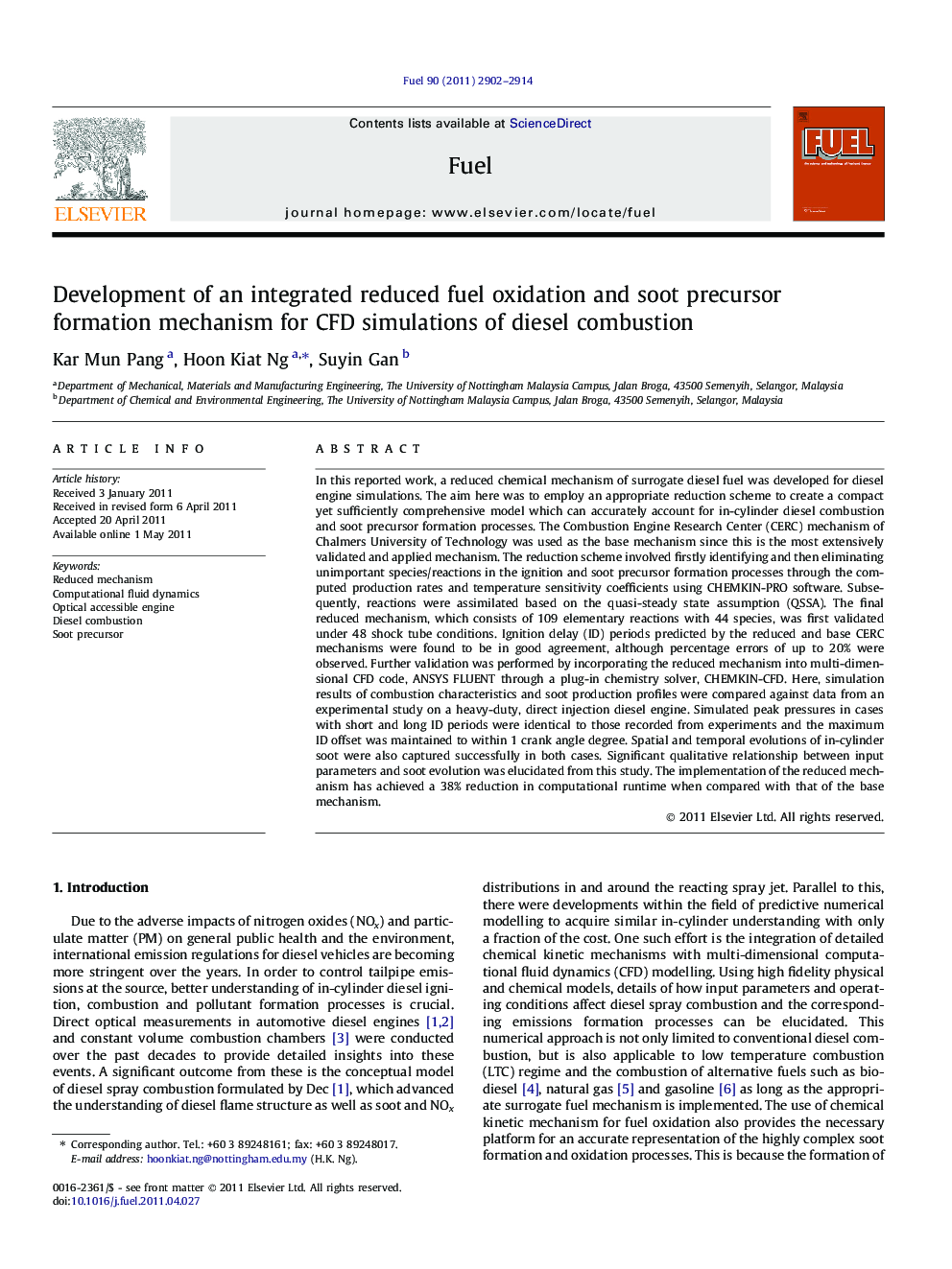 Development of an integrated reduced fuel oxidation and soot precursor formation mechanism for CFD simulations of diesel combustion