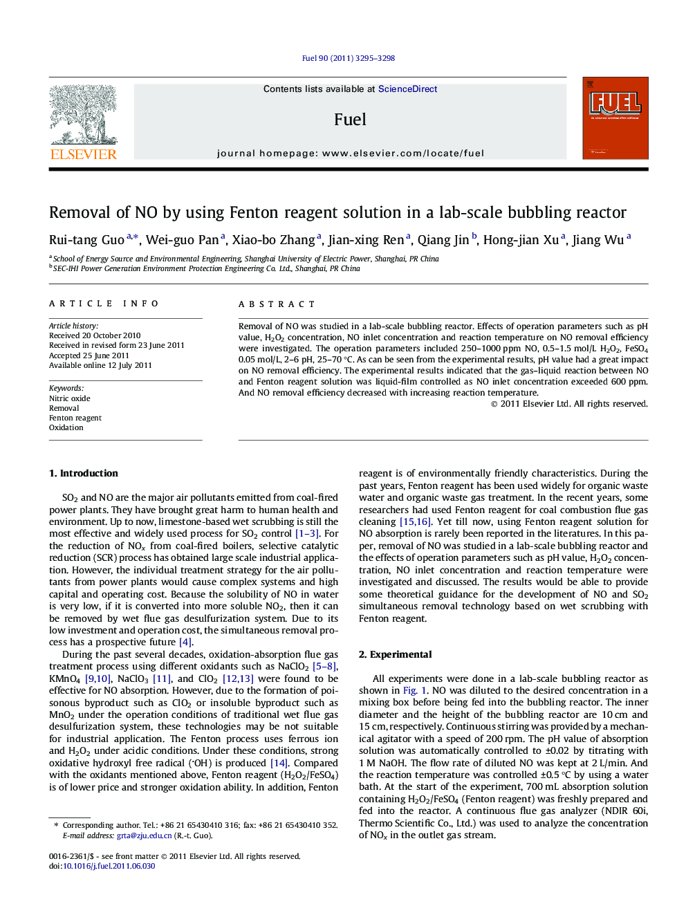 Removal of NO by using Fenton reagent solution in a lab-scale bubbling reactor