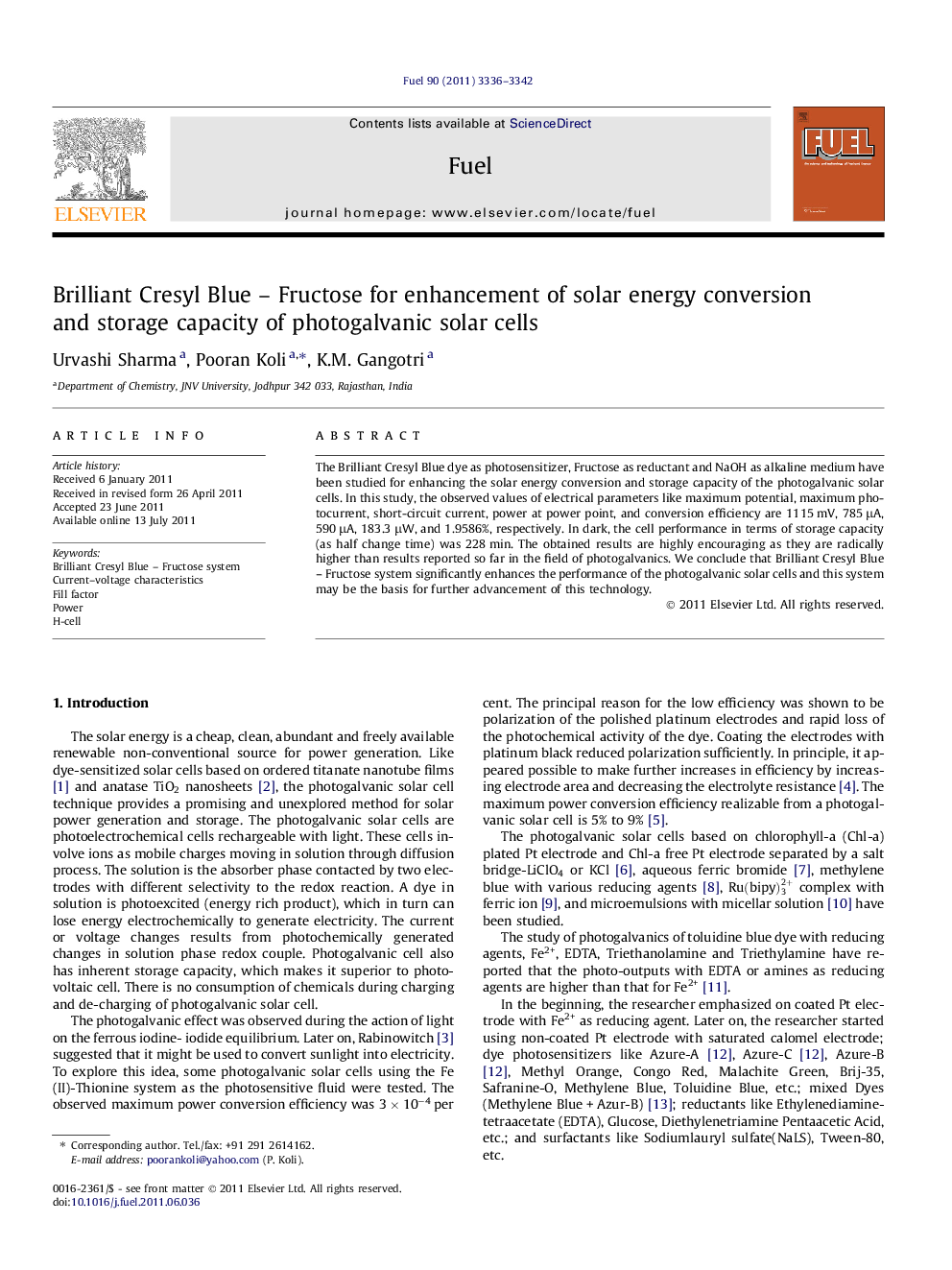 عکس صفحه اول مقاله: Brilliant Cresyl Blue - Fructose for enhancement of solar energy conversion and storage capacity of photogalvanic solar cells Brilliant Cresyl Blue - Fructose for enhancement of solar energy conversion and storage capacity of photogalvanic solar cells