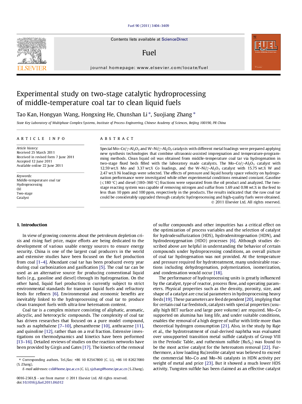 Experimental study on two-stage catalytic hydroprocessing of middle-temperature coal tar to clean liquid fuels