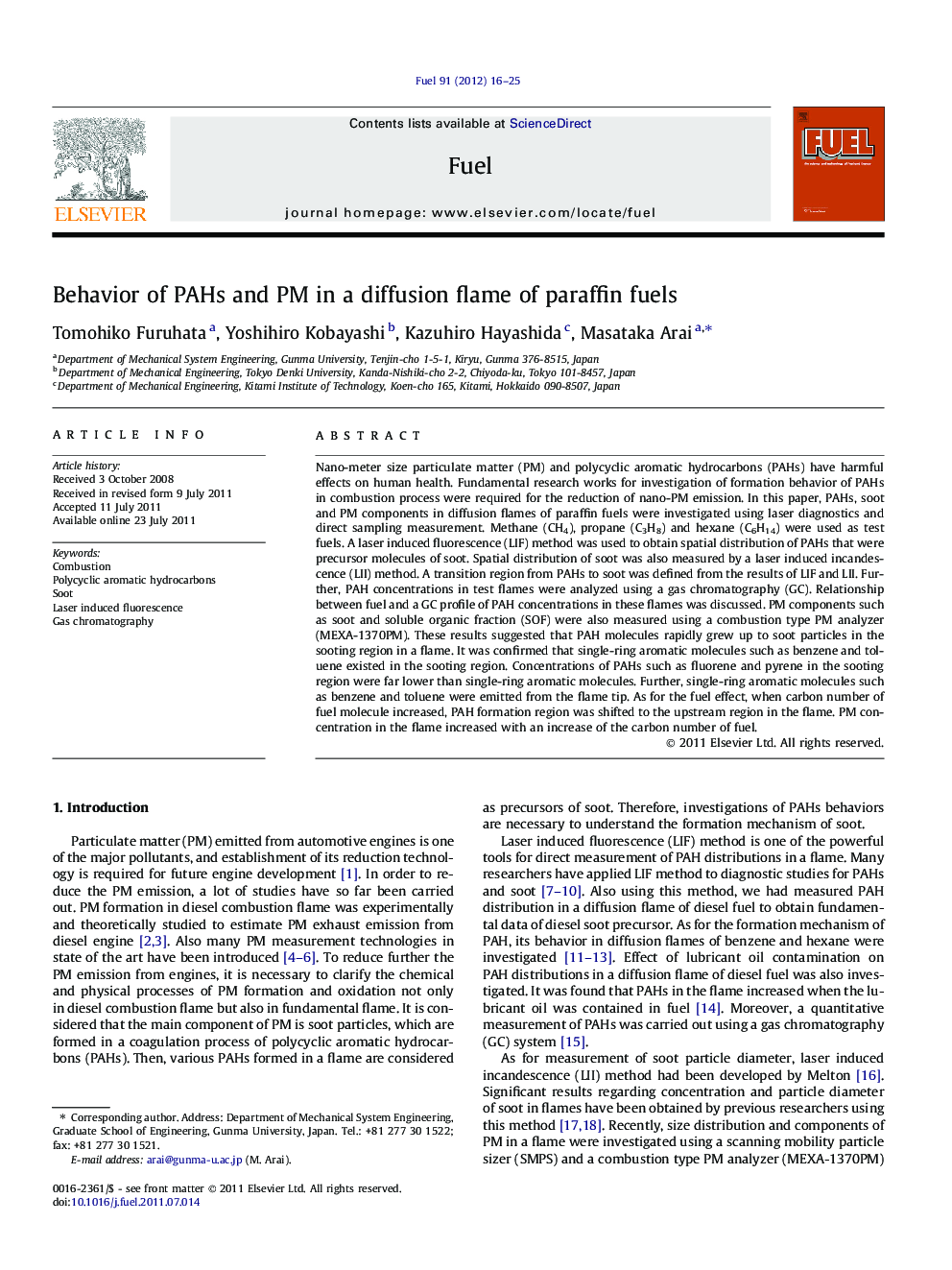 Behavior of PAHs and PM in a diffusion flame of paraffin fuels