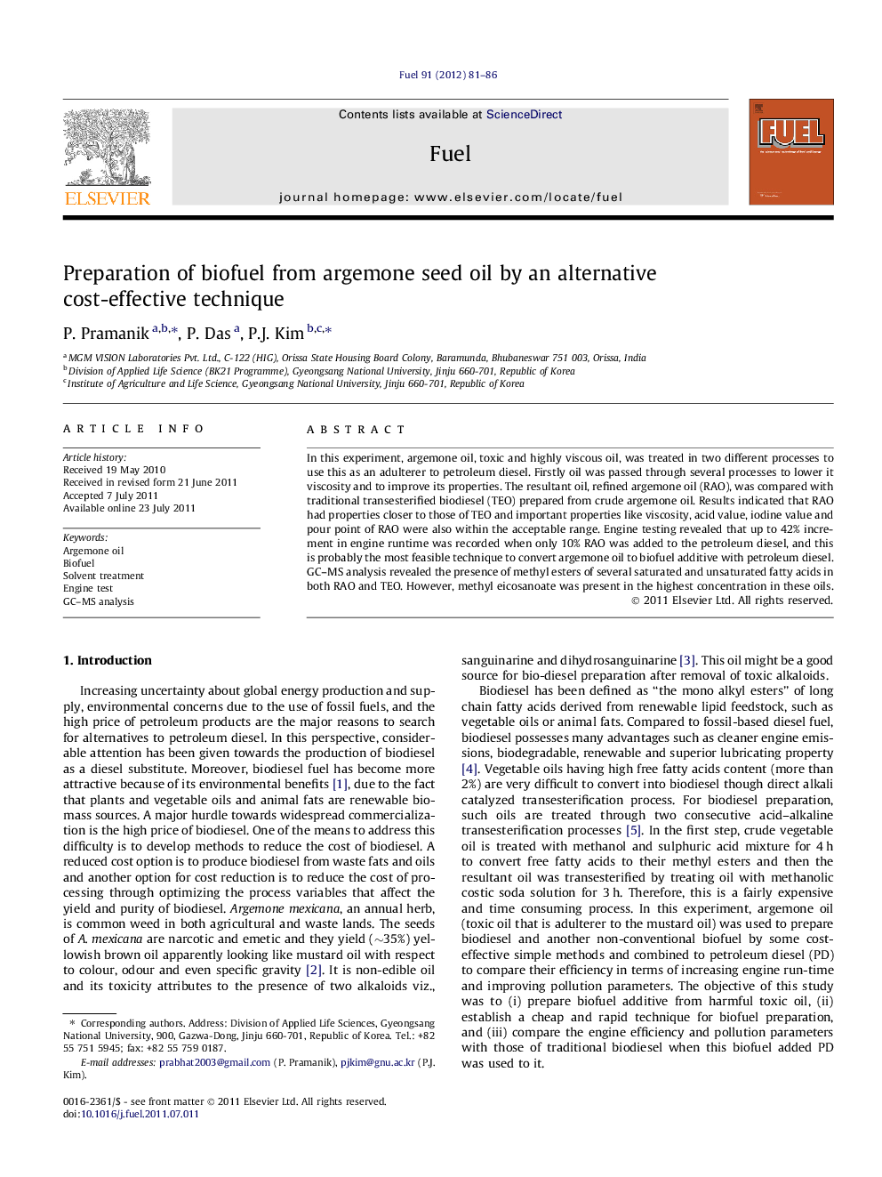 Preparation of biofuel from argemone seed oil by an alternative cost-effective technique