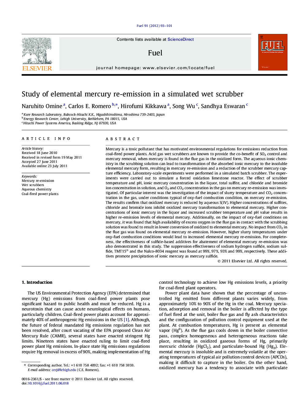 Study of elemental mercury re-emission in a simulated wet scrubber