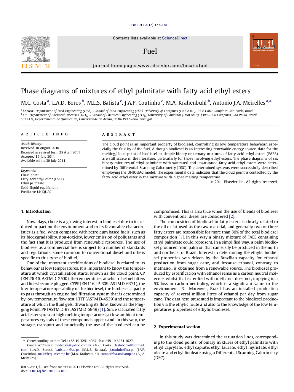 Phase diagrams of mixtures of ethyl palmitate with fatty acid ethyl esters