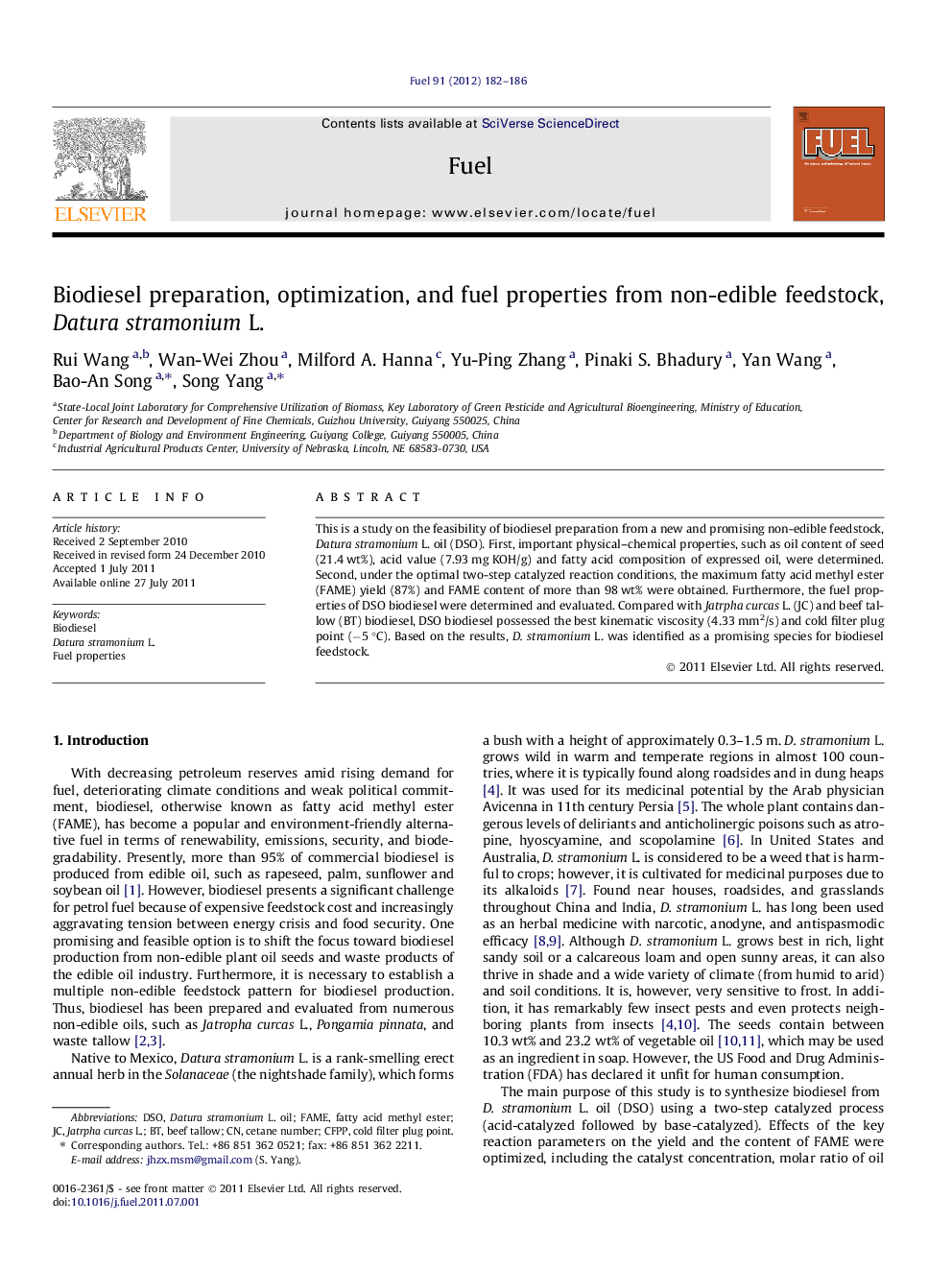 Biodiesel preparation, optimization, and fuel properties from non-edible feedstock, Datura stramonium L.