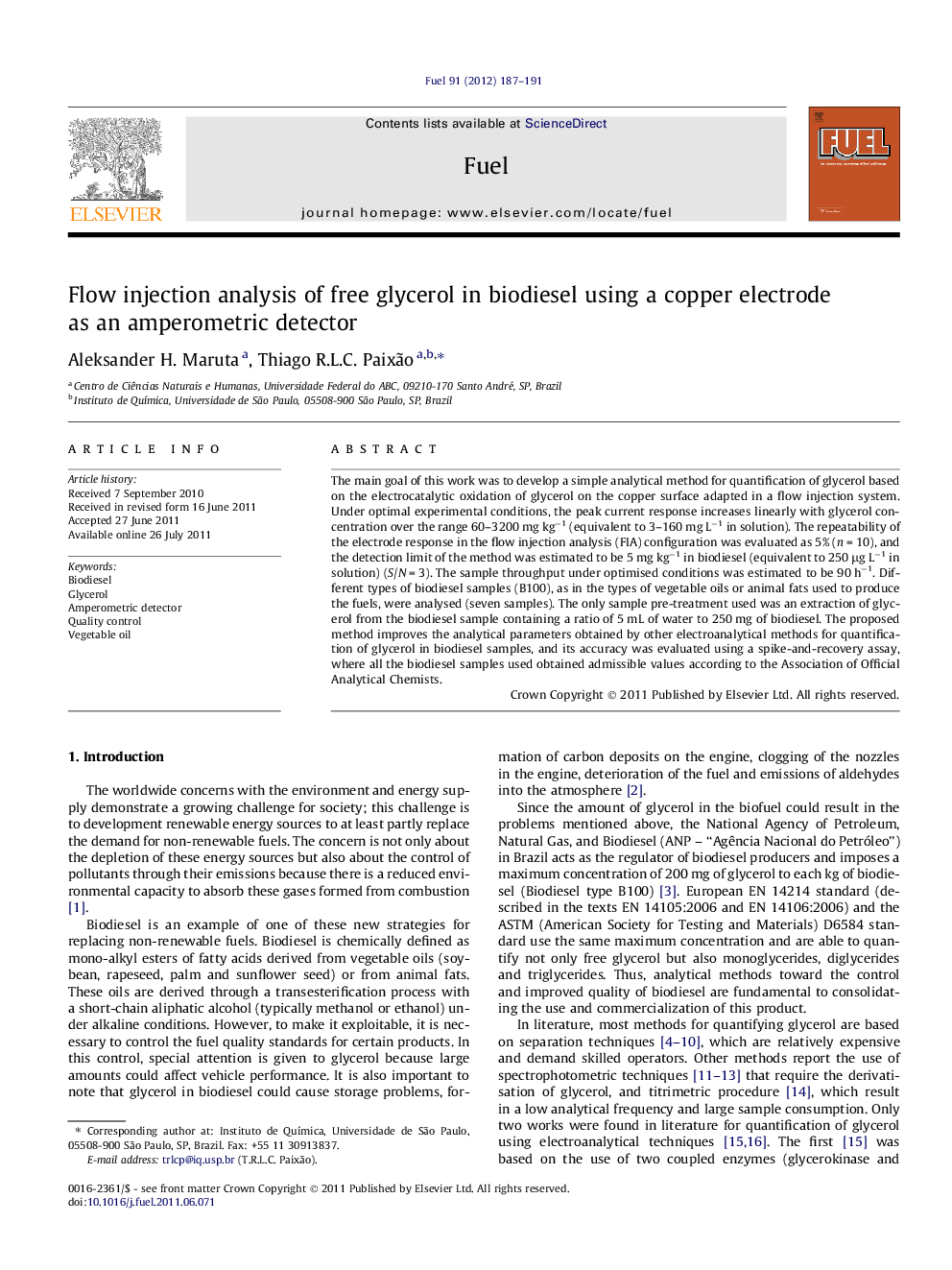 Flow injection analysis of free glycerol in biodiesel using a copper electrode as an amperometric detector