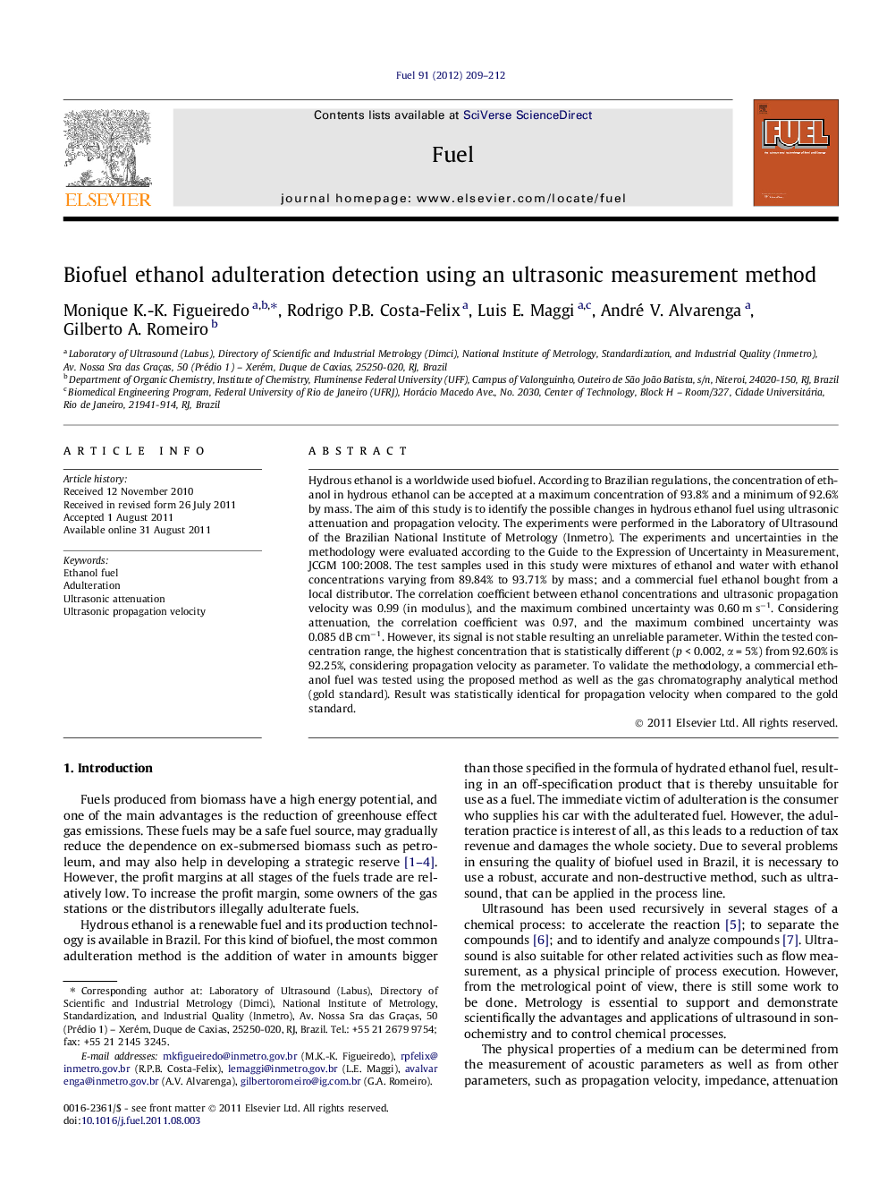 Biofuel ethanol adulteration detection using an ultrasonic measurement method