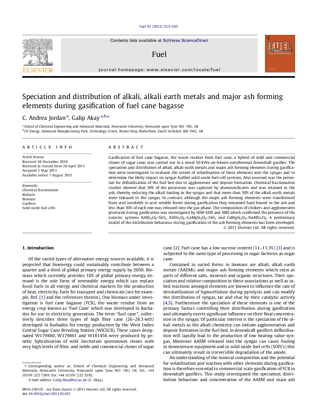 Speciation and distribution of alkali, alkali earth metals and major ash forming elements during gasification of fuel cane bagasse