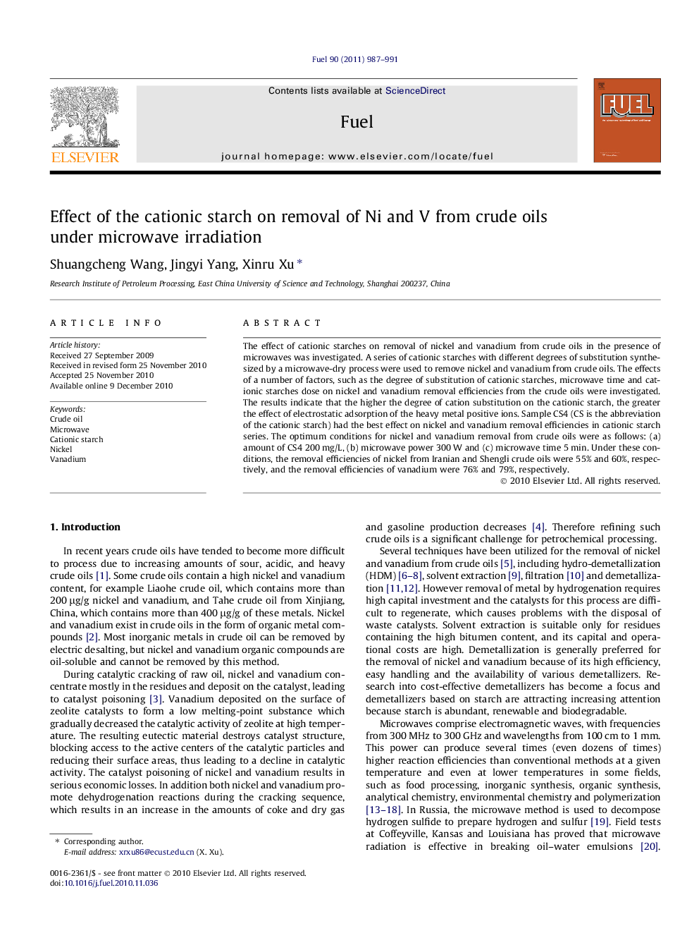 Effect of the cationic starch on removal of Ni and V from crude oils under microwave irradiation