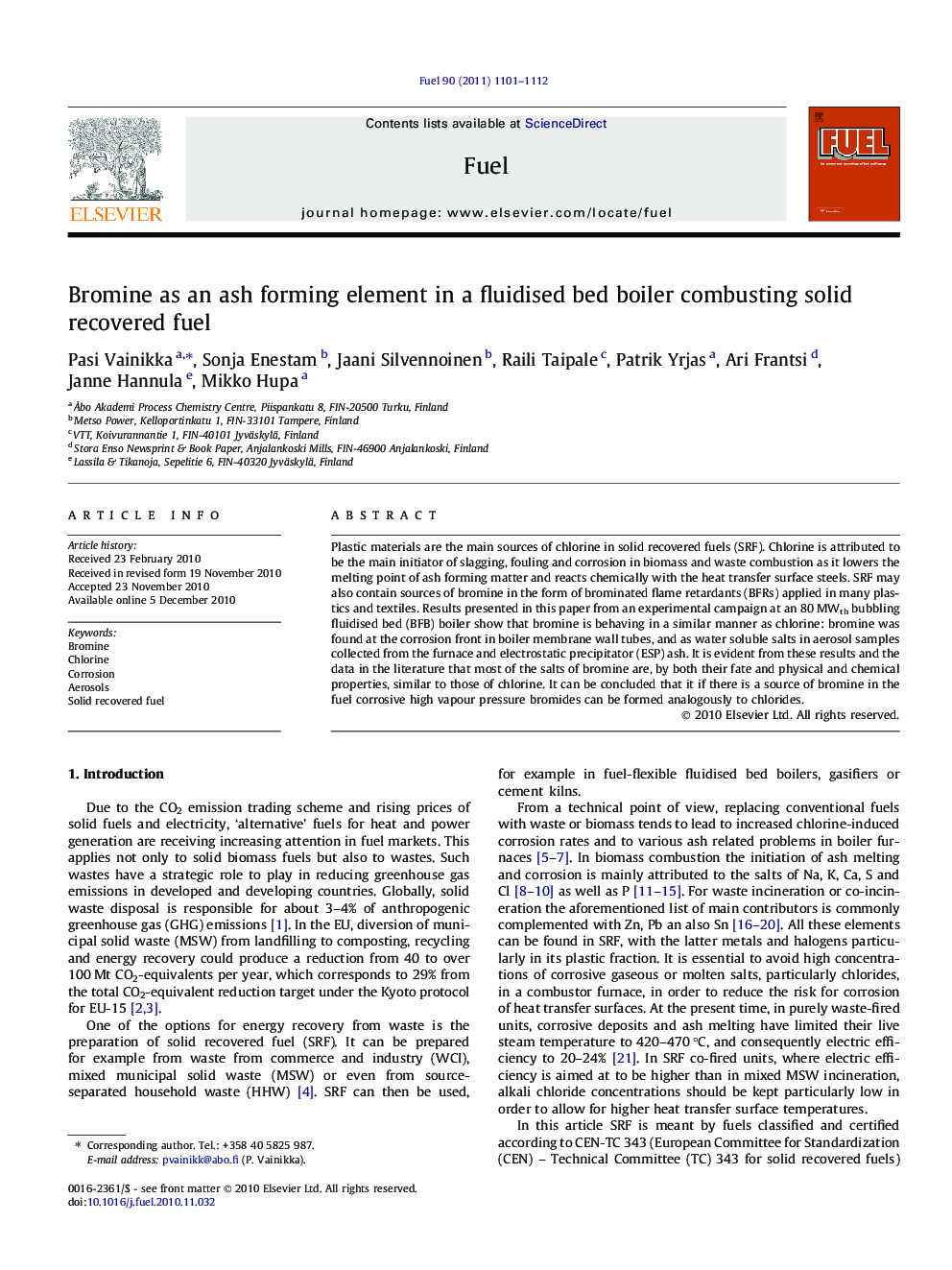 Bromine as an ash forming element in a fluidised bed boiler combusting solid recovered fuel