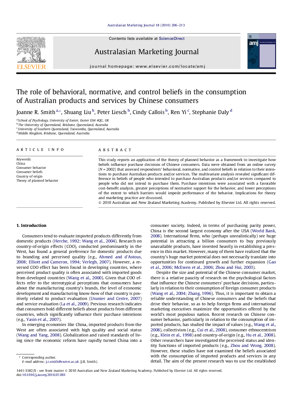 The role of behavioral, normative, and control beliefs in the consumption of Australian products and services by Chinese consumers