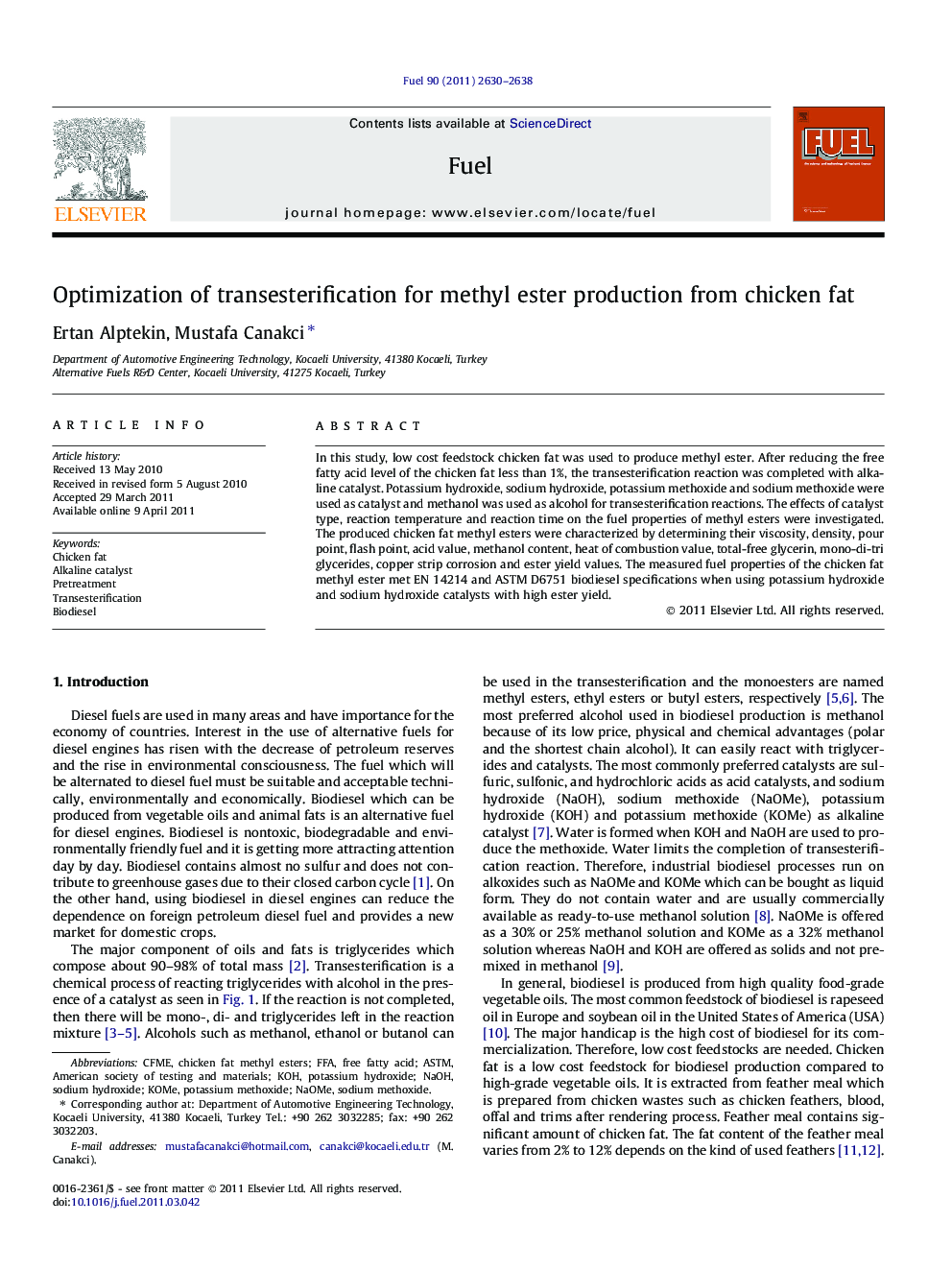 Optimization of transesterification for methyl ester production from chicken fat