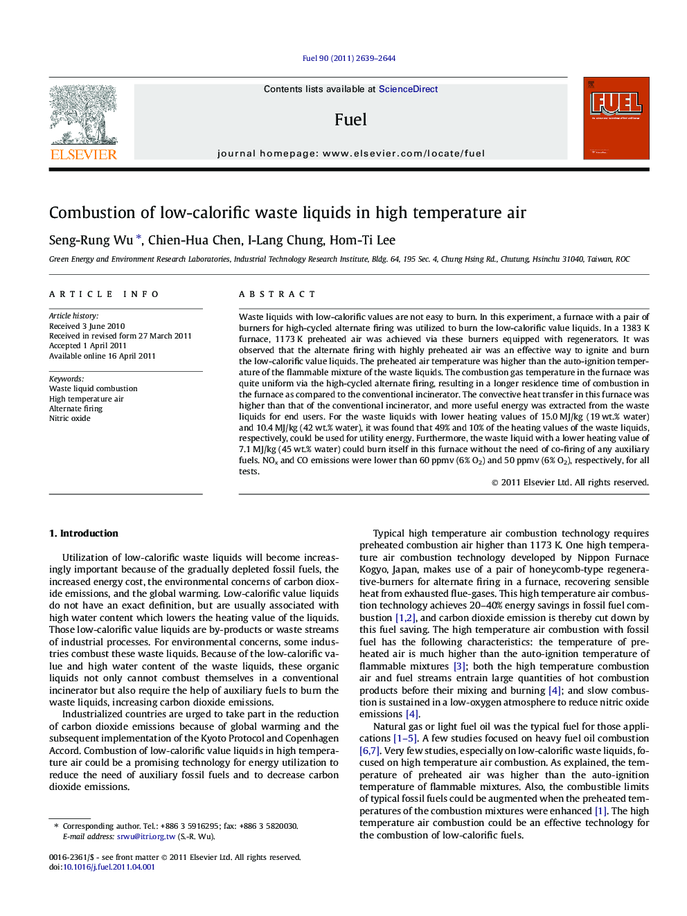 Combustion of low-calorific waste liquids in high temperature air