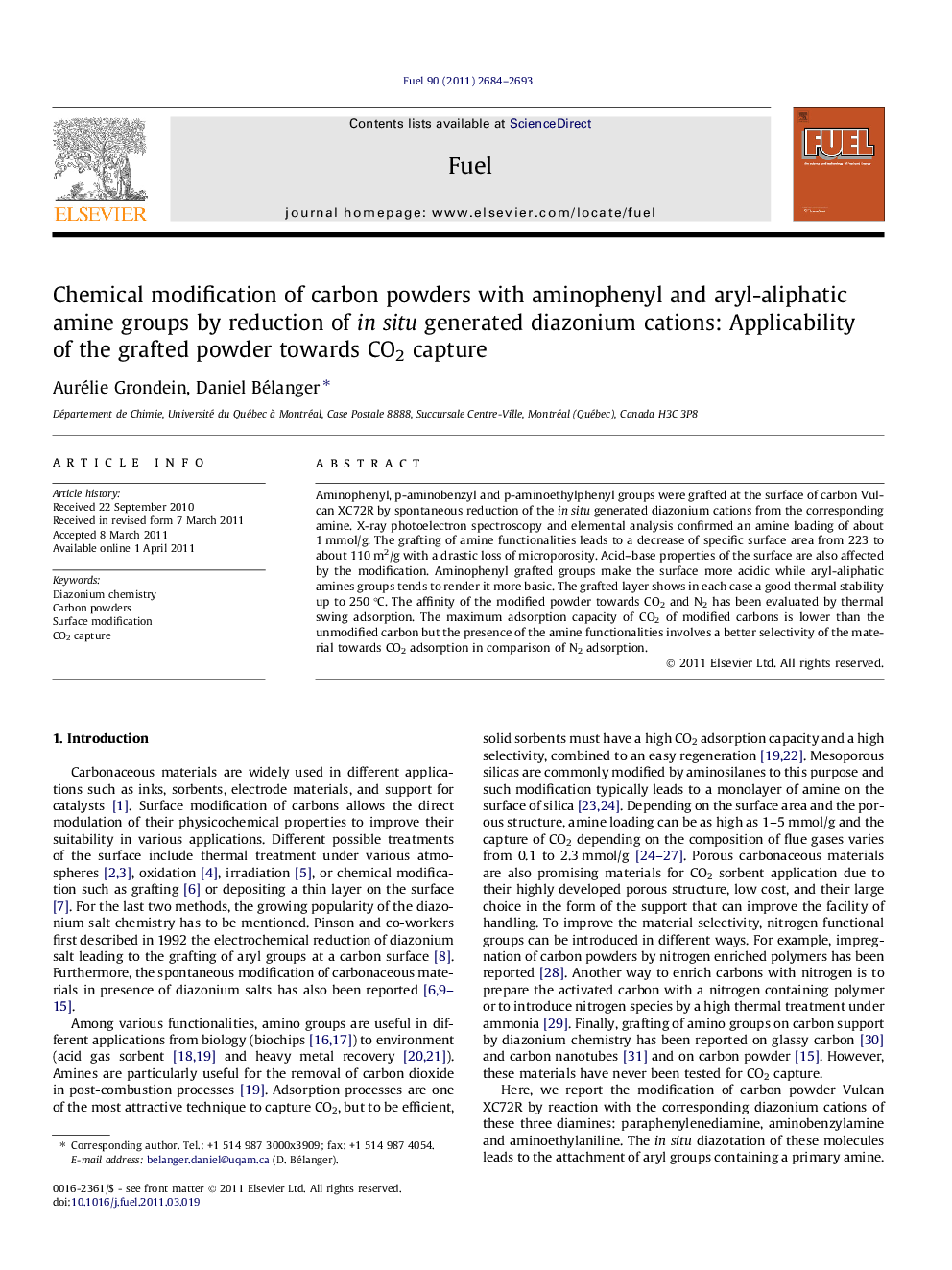 Chemical modification of carbon powders with aminophenyl and aryl-aliphatic amine groups by reduction of in situ generated diazonium cations: Applicability of the grafted powder towards CO2 capture