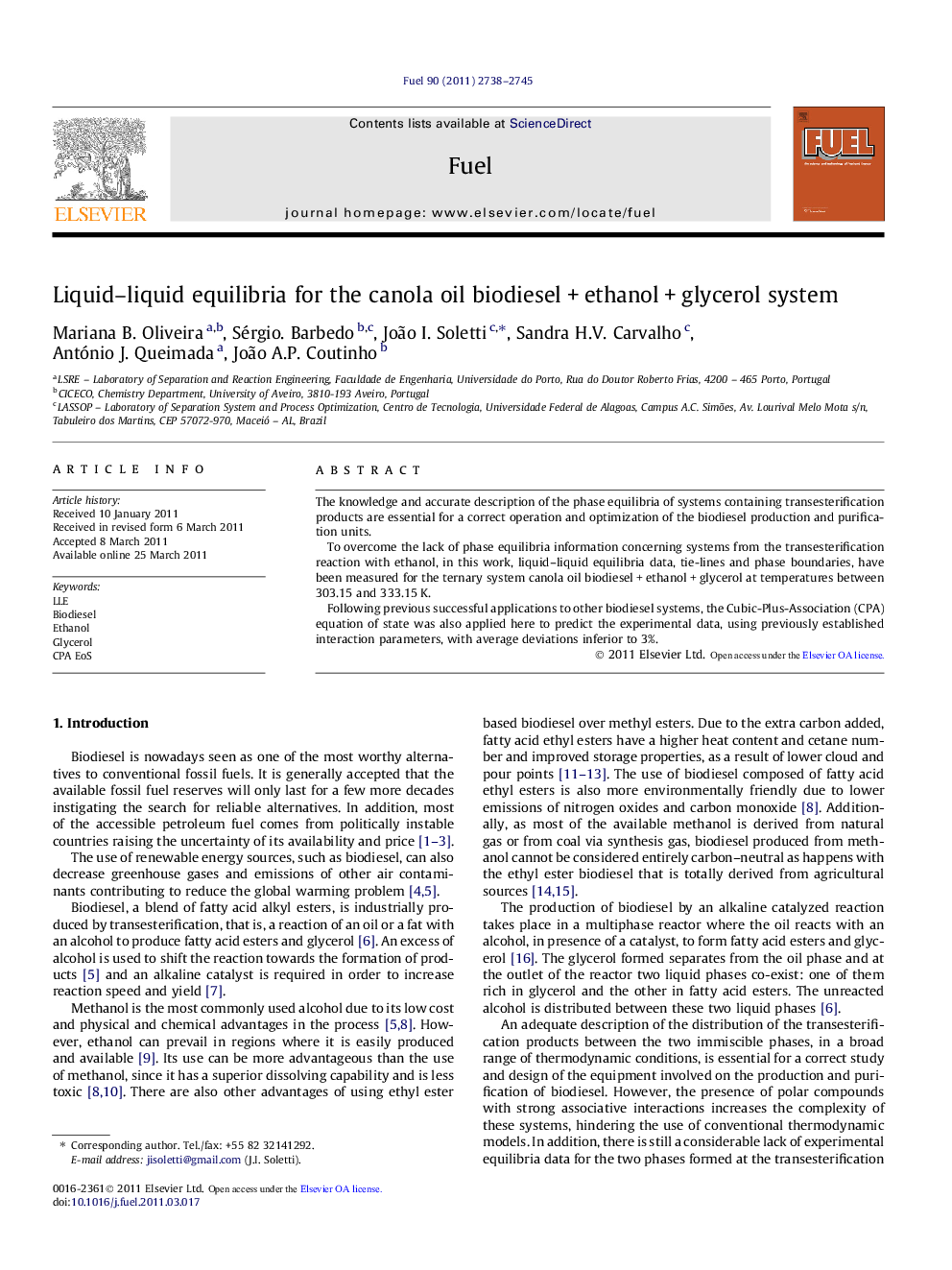 Liquid-liquid equilibria for the canola oil biodieselÂ +Â ethanolÂ +Â glycerol system