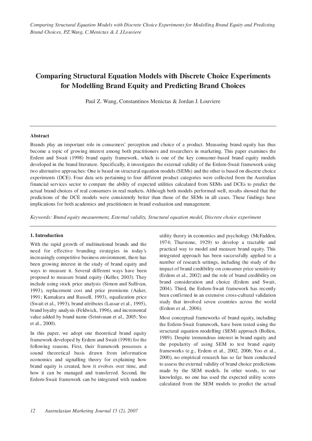 Comparing Structural Equation Models with Discrete Choice Experiments for Modelling Brand Equity and Predicting Brand Choices