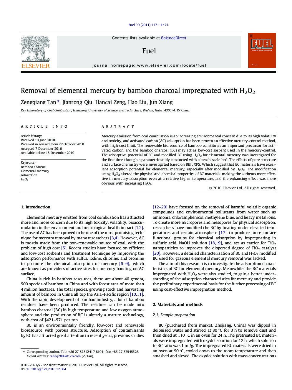 Removal of elemental mercury by bamboo charcoal impregnated with H2O2