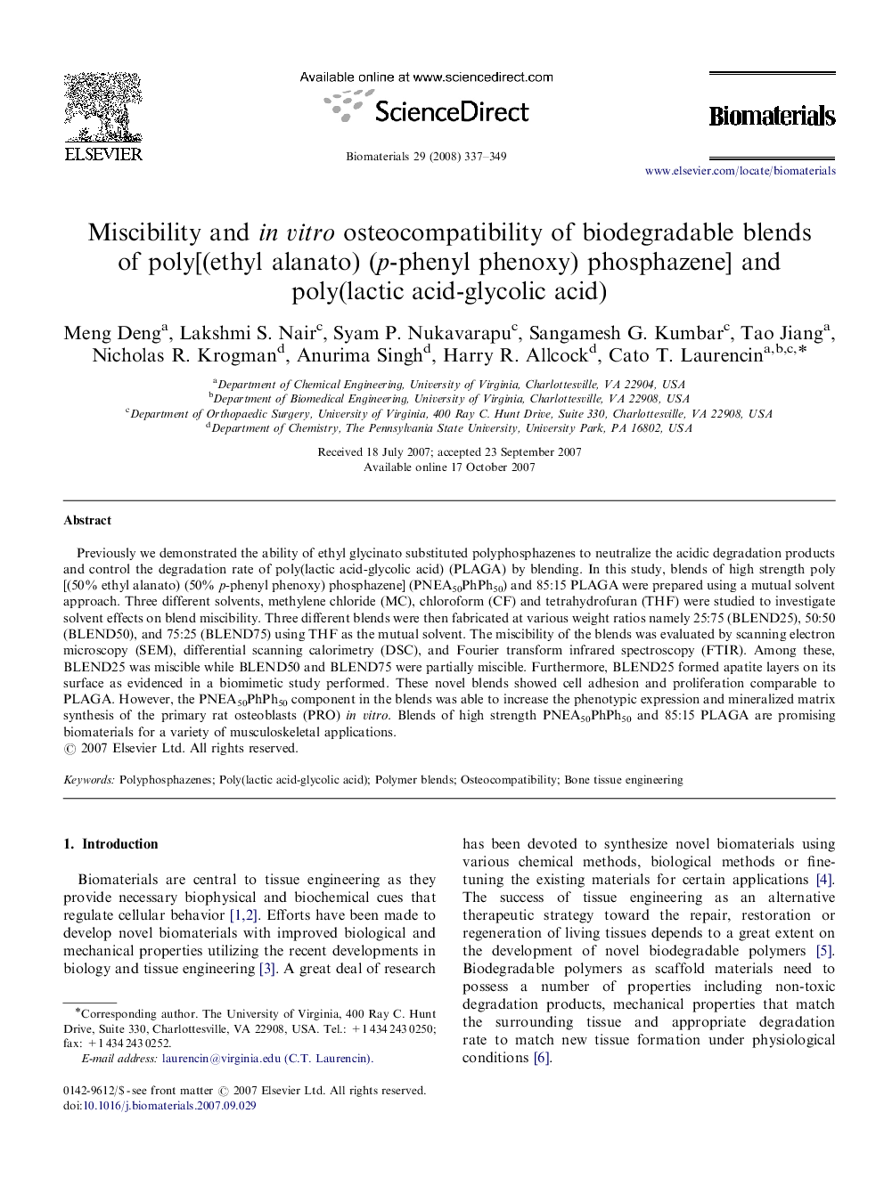 Miscibility and in vitro osteocompatibility of biodegradable blends of poly[(ethyl alanato) (p-phenyl phenoxy) phosphazene] and poly(lactic acid-glycolic acid)