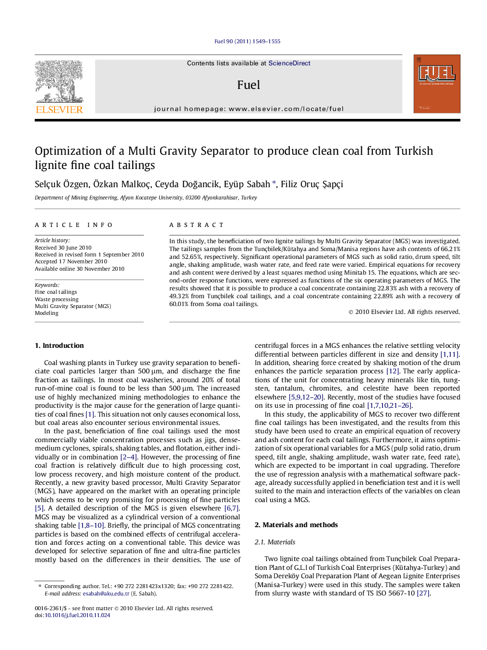 Optimization of a Multi Gravity Separator to produce clean coal from Turkish lignite fine coal tailings