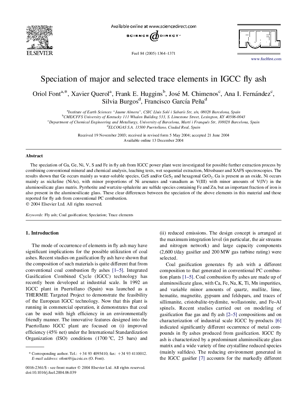 Speciation of major and selected trace elements in IGCC fly ash