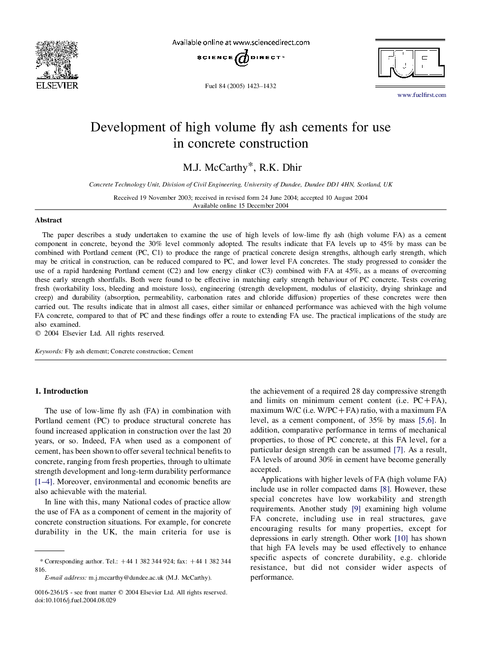 Development of high volume fly ash cements for use in concrete construction