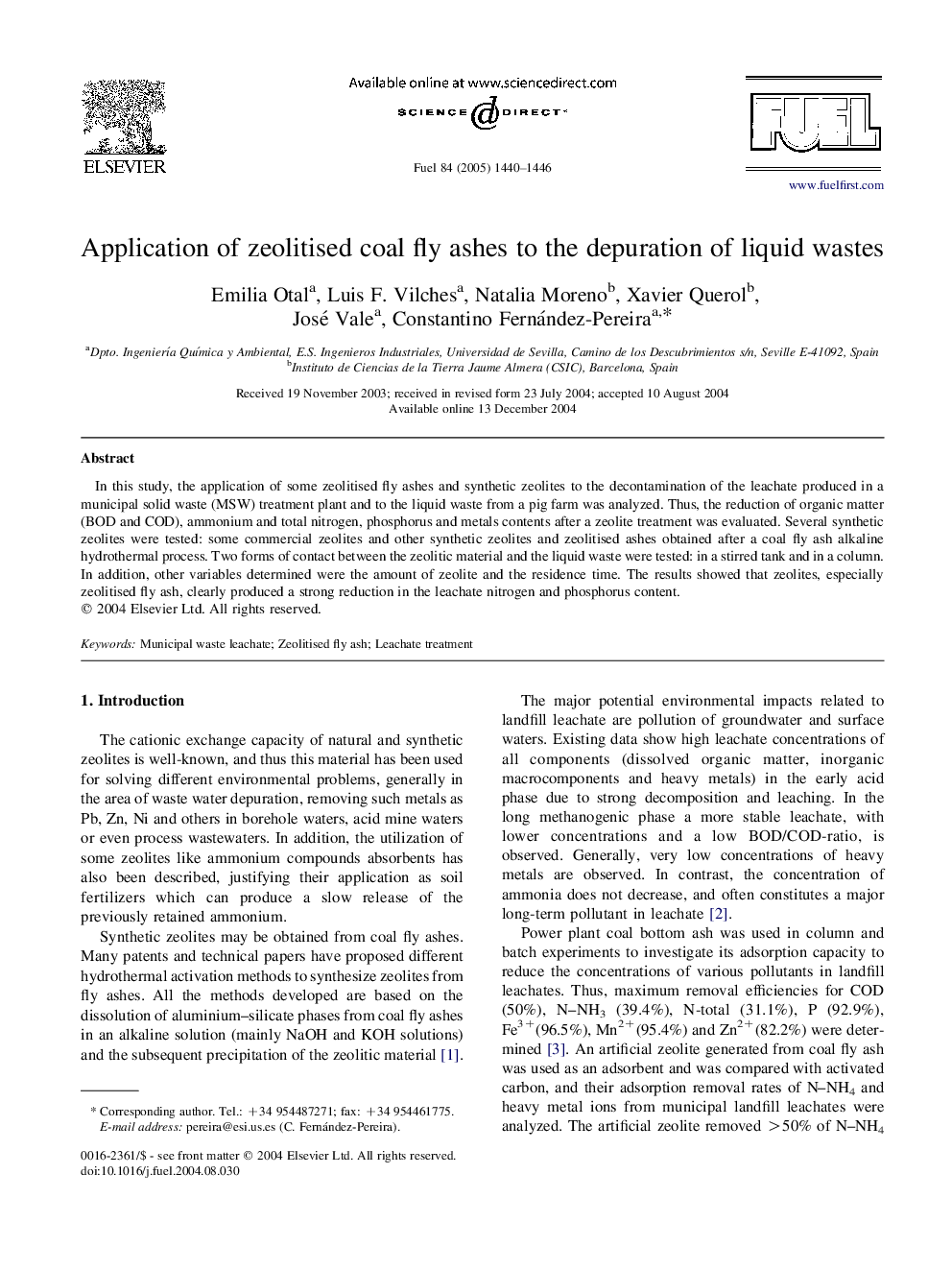 Application of zeolitised coal fly ashes to the depuration of liquid wastes