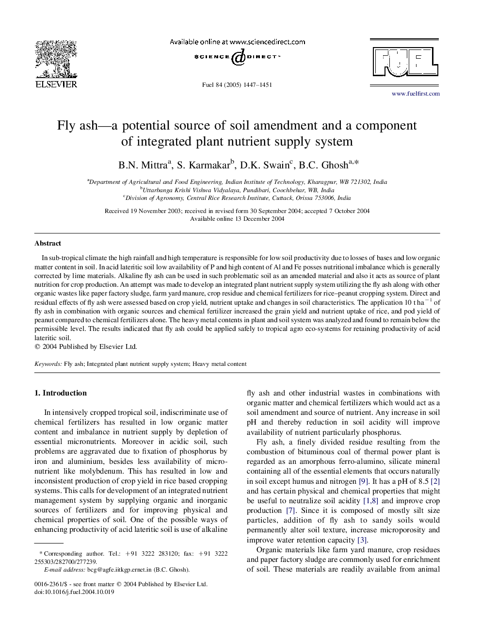 Fly ash-a potential source of soil amendment and a component of integrated plant nutrient supply system