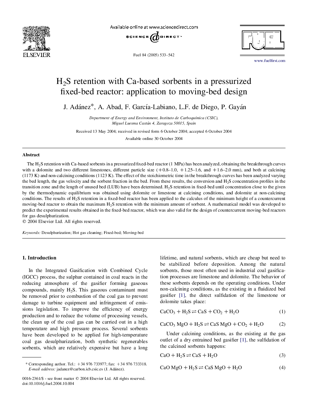 H2S retention with Ca-based sorbents in a pressurized fixed-bed reactor: application to moving-bed design