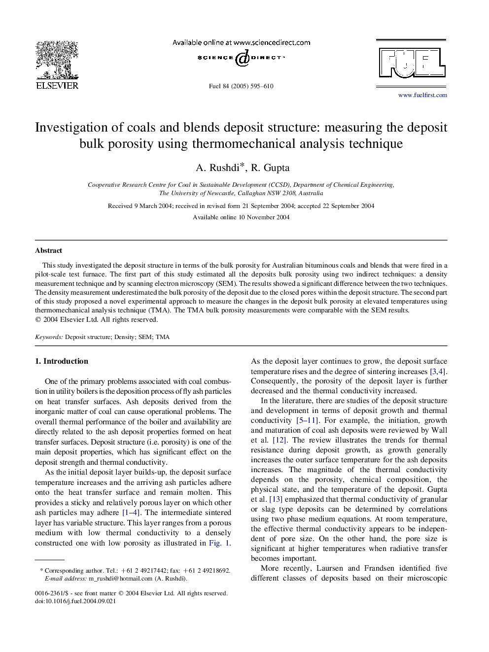 Investigation of coals and blends deposit structure: measuring the deposit bulk porosity using thermomechanical analysis technique