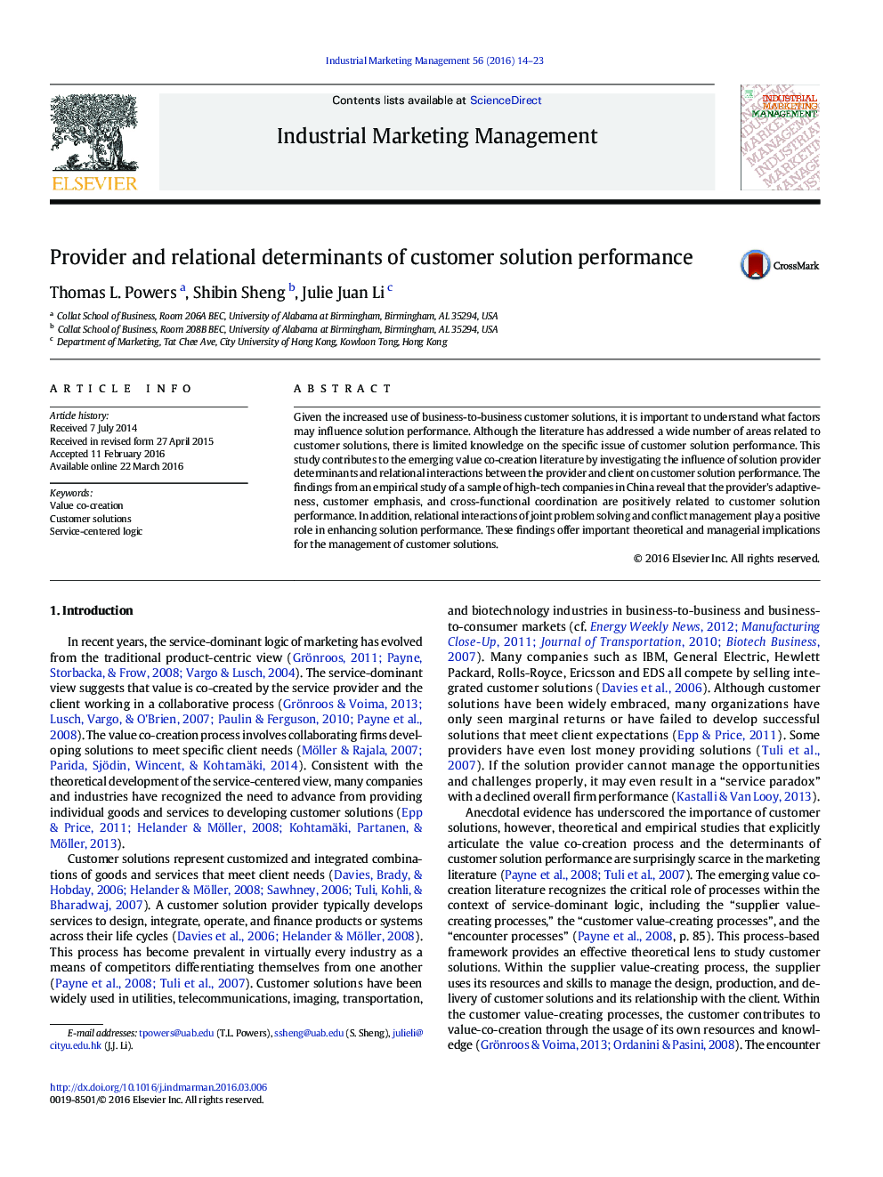 Provider and relational determinants of customer solution performance