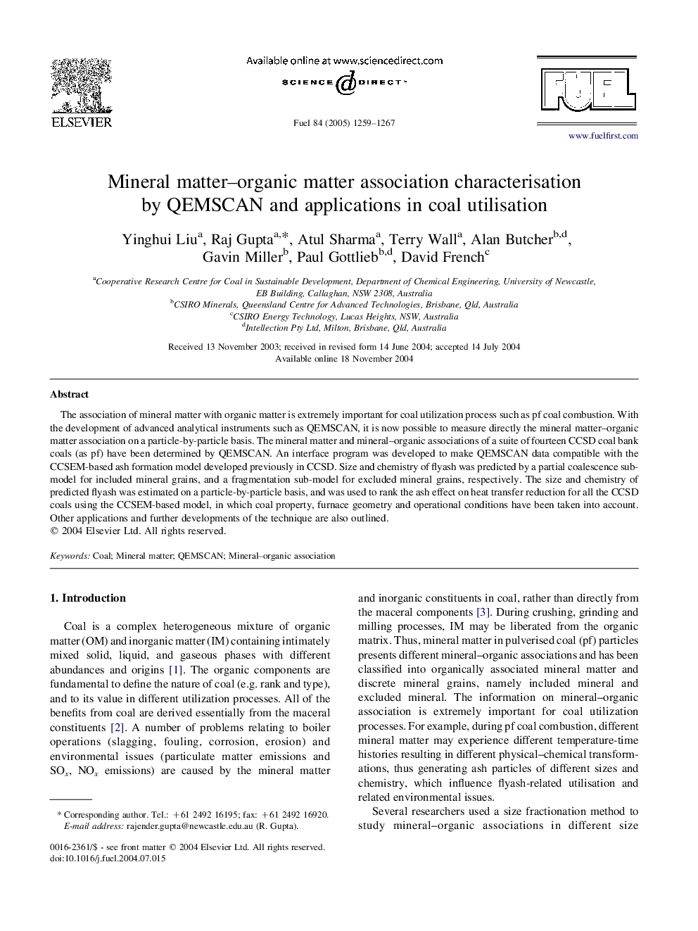 Mineral matter-organic matter association characterisation by QEMSCAN and applications in coal utilisation