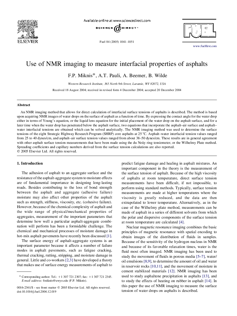 Use of NMR imaging to measure interfacial properties of asphalts