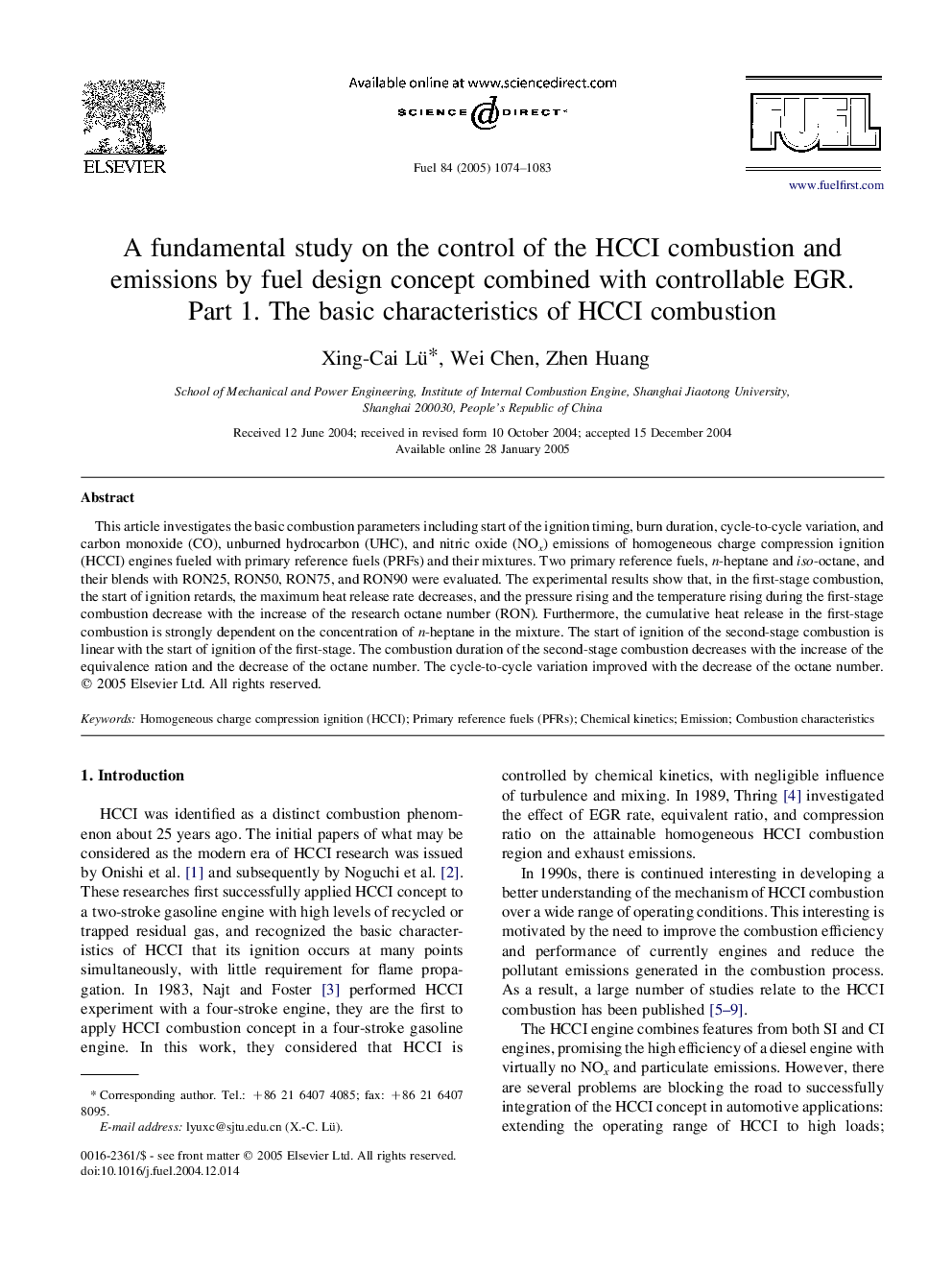 A fundamental study on the control of the HCCI combustion and emissions by fuel design concept combined with controllable EGR. Part 1. The basic characteristics of HCCI combustion